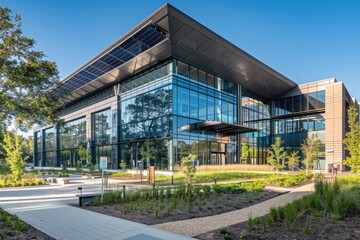 Obraz premium Modern Sustainable High-Tech Research Facility with Solar Panels and Green Landscape