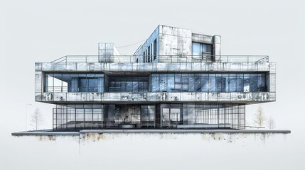 3D Illustration of a Modern Concrete Building with Large Windows