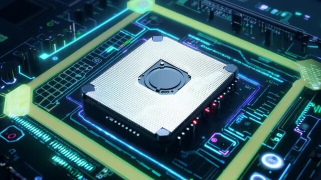 digital data streams traveling along a circuit board towards a CPU, with focus on the glowing data paths and connections.