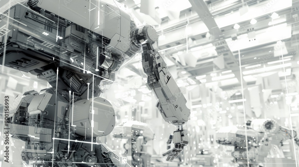 Poster Futuristic robotic arm in a highly digitalized industrial environment. Representation of advanced robotics and smart technology.