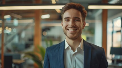 a young business man smilling confidently standing in the office,4k,cinematic,shoot on canon mark 5d,high definition, rich in detail, AI Generative