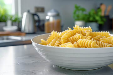 Bowl of cooked pasta in the kitchen. Generative AI