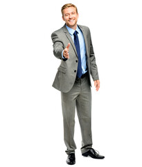 Studio, portrait and businessman with offer of handshake for trading deal, consultation and negotiation. Happy, broker and smile with gesture for finance, investment or agreement on white background