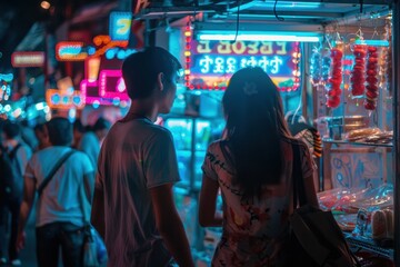 Obraz premium A couple visiting a bustling night market