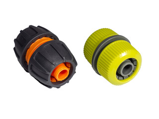 Plastic garden hose connectors. Garden watering hose mender isolated on a white background. Convenient connection without water leakage, extending and repairing water pipe © Gunars