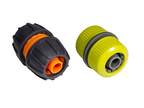 Plastic garden hose connectors. Garden watering hose mender isolated on a white background. Convenient connection without water leakage, extending and repairing water pipe