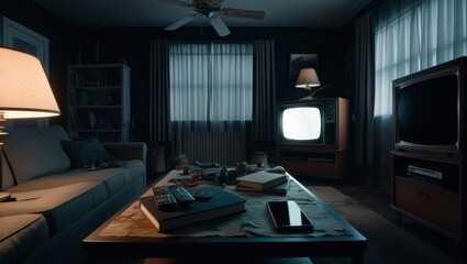 In a dimly lit living room, a close-up shot shows a cluttered coffee table with various objects. The flickering TV light casts eerie shadows around the room