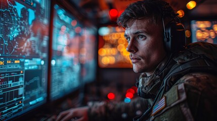 A detailed view of an engineer programming targeting systems into a high-tech artillery weapon.