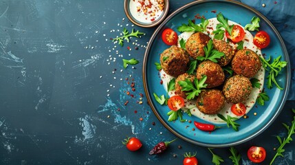 Healthy vegan falafel with tahini and hot pepper on blue plate traditional Mediterranean style top down view with space for text
