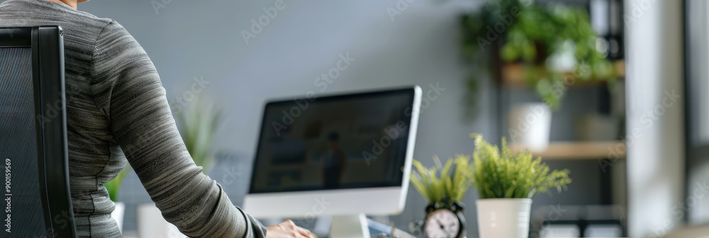 Poster Close-up of a person in a wheelchair using a computer. Focus on accessibility and inclusion in a modern workspace.