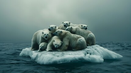 Obraz premium A Huddled Pride of Polar Bears on a Shrinking Arctic Ice Floe Facing the Climate Crisis