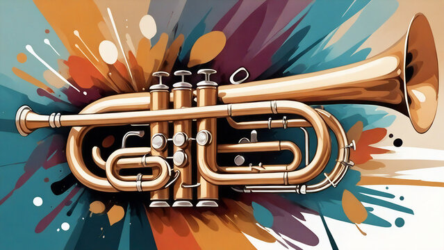Mellophone in painting style with abstract elements, rough brushstrokes background, musical instruments themed poster. 