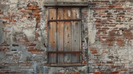 An aged brick wall with a boarded window perfect for customization