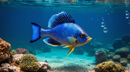 Vibrant Blue Tropical Fish Swimming in Coral Reef Underwater Photograph with Colorful Marine Life