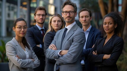 Fototapeta premium Confident and United: A diverse team of professionals, dressed in business attire, stand confidently with arms crossed, exuding an aura of professionalism and unity. 