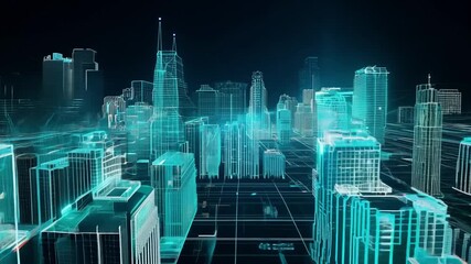 Animation loop without fiber optic cable sending data to wireframe city building. In the future city with 3D technology