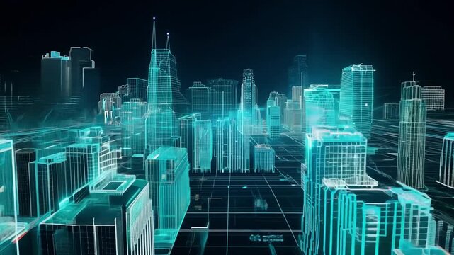 Animation loop without fiber optic cable sending data to wireframe city building. In the future city with 3D technology
