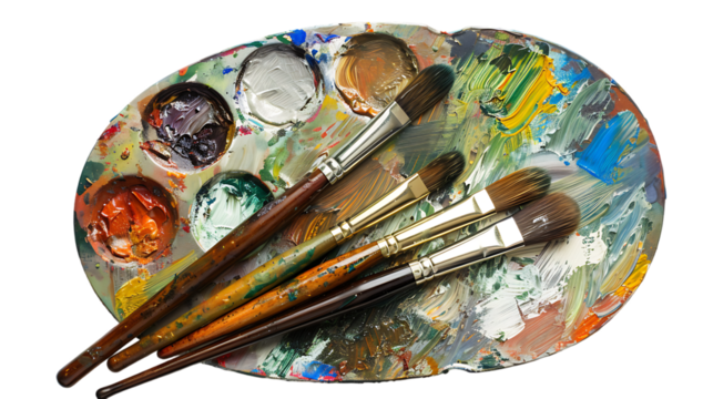 Paint brushes and palette isolated on transparent background 
