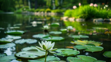A pond in a park with a lily pad in the foreground
