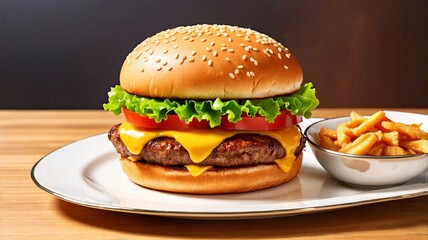 Juicy Cheeseburger with Fresh Lettuce, Tomato, and Crispy French Fries on a White Plate