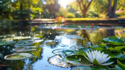 A pond in a park with a lily pad in the foreground
