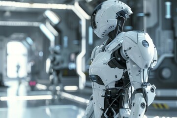 Fototapeta premium An image of a biomechanical exoskeleton in a futuristic environment, highlighting the advanced technology and engineering behind powered robotic suits, illustrating the concept of human augmentation