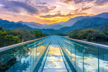 Obraz premium Glass bridge walkway through stunning mountain landscape at sunset