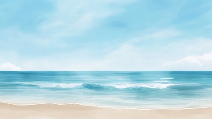 Obraz premium Minimalist beach scene, bright blue sky, gentle waves, Watercolor style