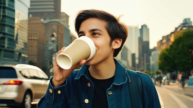 A Male student drinking coffee while walking in the street behind big buildings. Concept of happy city life.