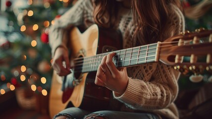 Obraz premium Woman Playing Acoustic Guitar at Home During Christmas Celebrations