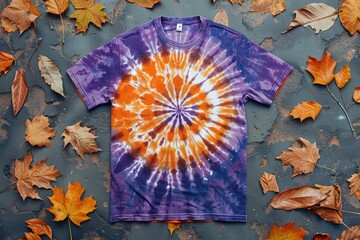 Colorful Tie-Dye T-Shirt Surrounded by Autumn Leaves on Gray Surface