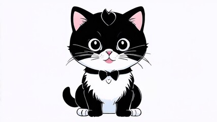 Adorable Black and White Cartoon Cat with Bow Tie Illustration | Cute Kitten Drawing for Kids and Cat Lovers
