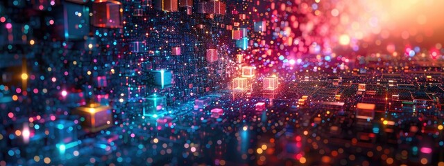 Obraz premium Abstract Digital Data Network with Glowing Cubes and Colorful Particles in a Futuristic Cyber Space