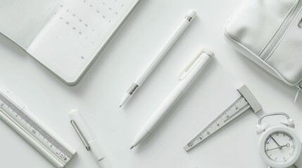 Minimalist White Office Supplies and Stationery on Clean Background