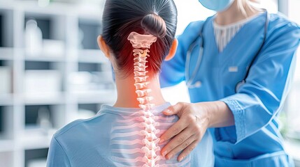 Doctor examines patient with neck pain, highlighted spine indicating location of discomfort, in a modern medical clinic.