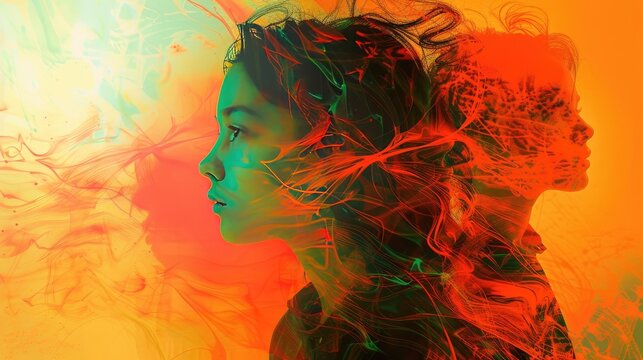 Profile of a Woman with Abstract Fiery Swirls in Background Expressing Inner Conflict and Creativity
