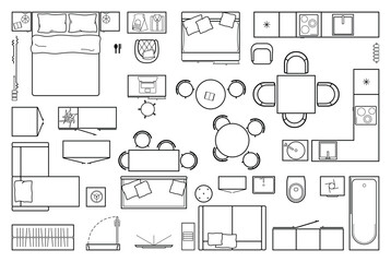 Set top view for interior icon design. Floor plan. Architecture plan with furniture in top view. The layout of the apartment, technical drawing  kitchen, living room and bedroom. Vector © Юрий Парменов