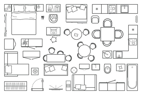 Set top view for interior icon design. Floor plan.
Architecture plan with furniture in top view. The layout of the apartment, technical drawing  kitchen, living room and bedroom. Vector
