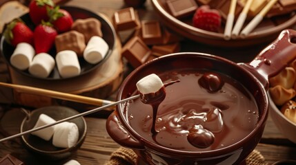 Chocolate Fondue with Marshmallows and Strawberries