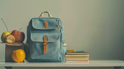 Blue Canvas Backpack with Books and Fresh Fruits on a White Table