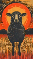 Black Sheep in Sunny Wheat Field in woodcut style
