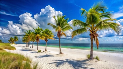 Fototapeta premium Serene white sand beach with crystal clear turquoise water and lush green palm trees swaying gently in the breeze, Gulf Shores coastline landscape.