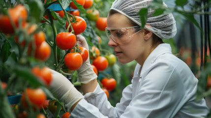 researcher or an agricultural specialist grows tomatoes in a greenhouse