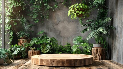 Obraz premium Natural wood podium with lush green plant decorations