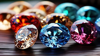 Colorful gemstones displayed on a wooden surface