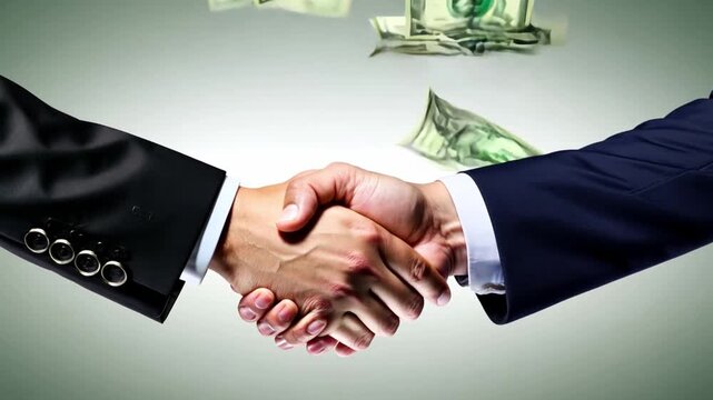 Two Businessmen shake hands on a deal with view Lots of dollar bills background