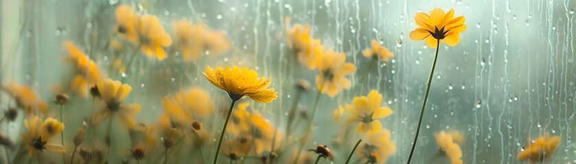 Bright yellow flowers in front of a frosted glass window, creating a serene and rustic garden scene