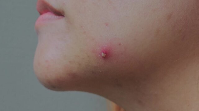Pustular acne with pus on the face and cheeks of an Asian woman