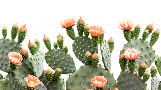 Prickly pear blooming cactus bush isolated on transparent background 