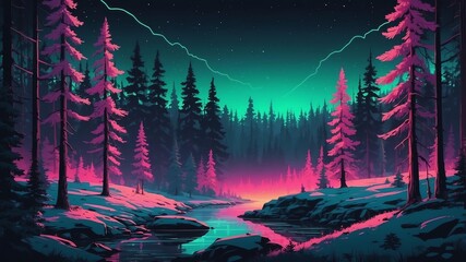 Fototapeta premium boreal forest with pine trees retro neon